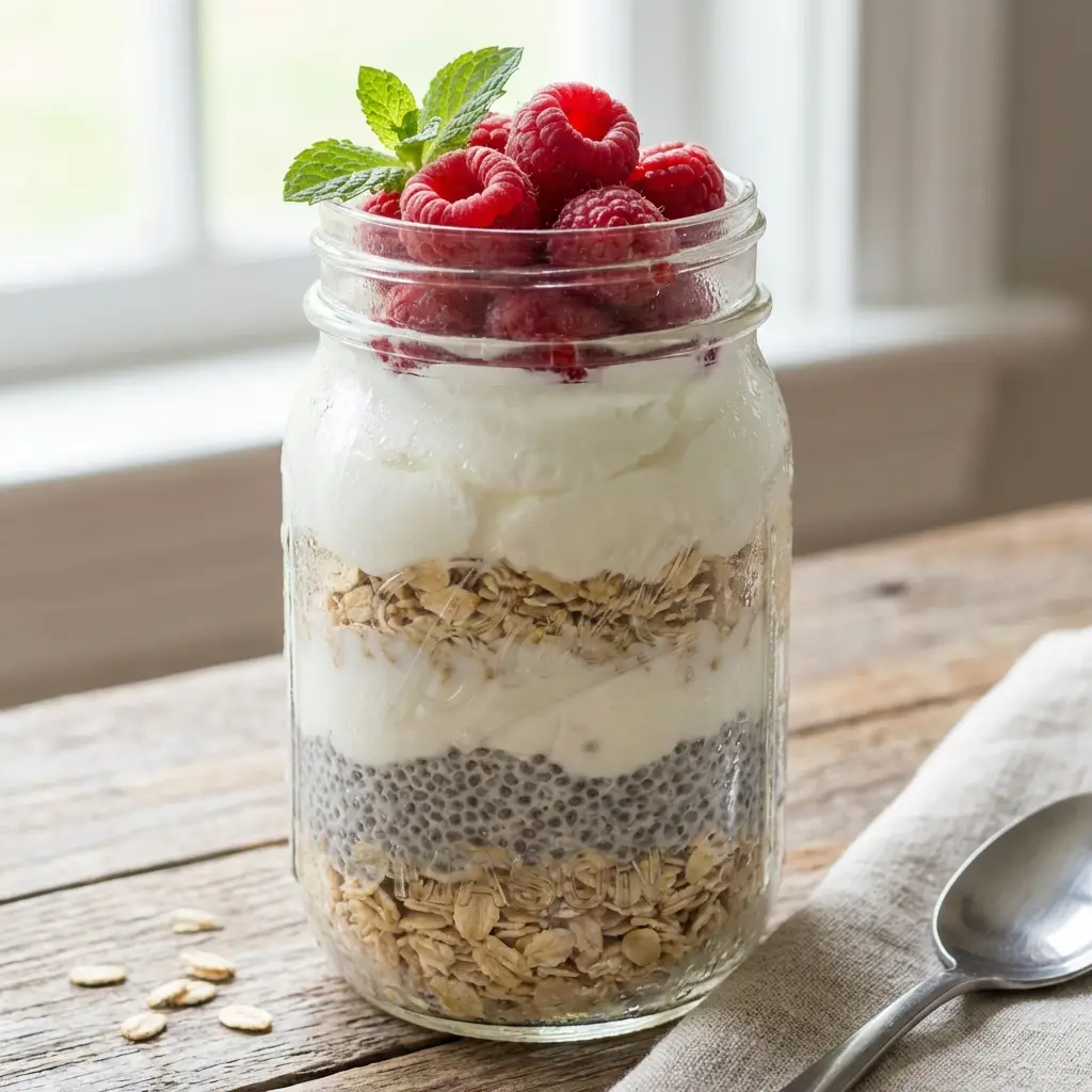 Overnight Oats in einem stilvollen Glas geschichtet mit Chiasamen, Joghurt und Früchten