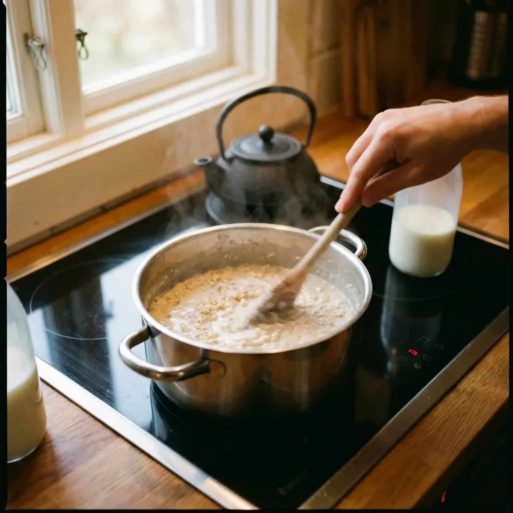 Porridge kochen - Haferflocken werden in einem Topf mit Milch cremig gerührt