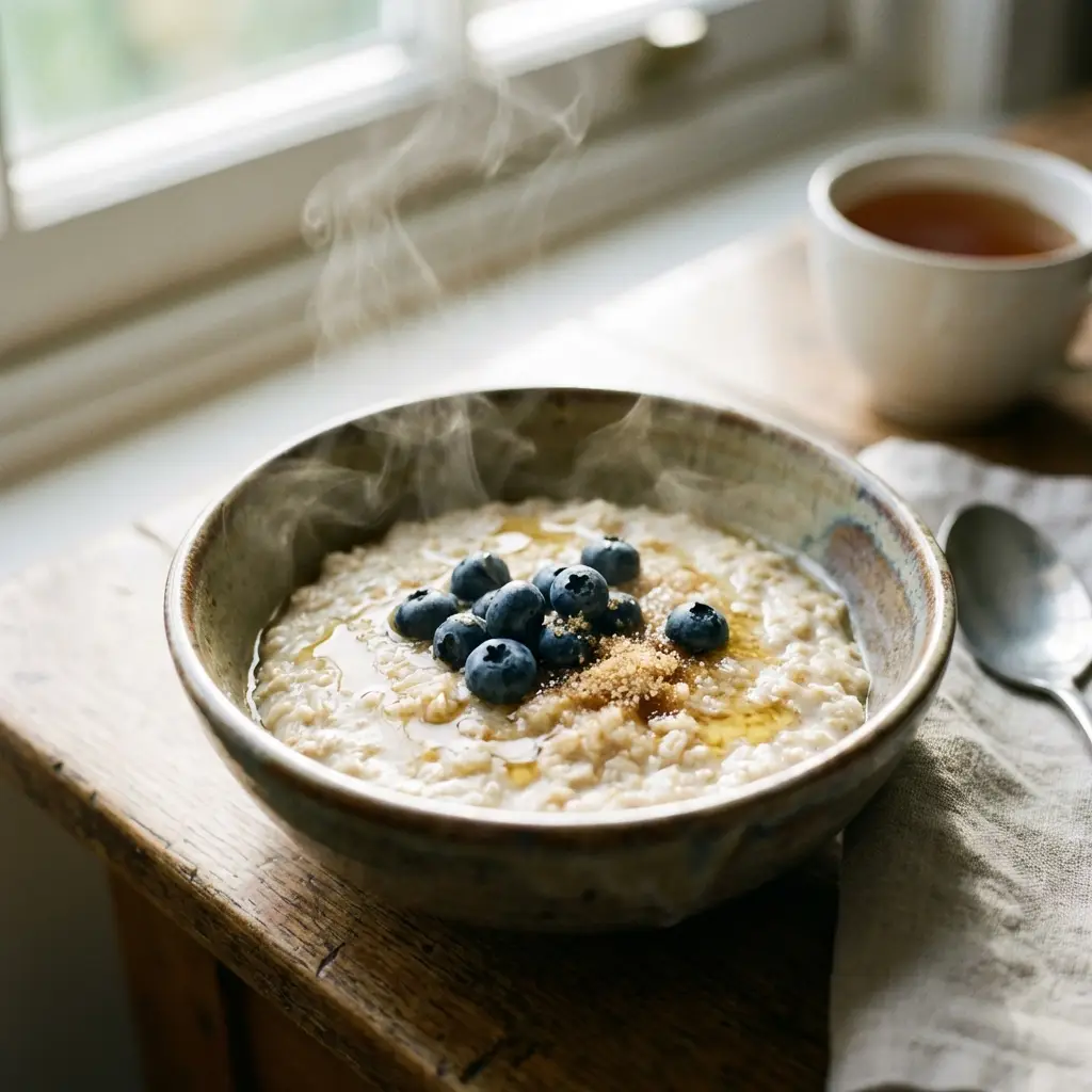 Eine dampfende Schale cremiger Porridge mit frischen Blaubeeren und Honig - Der perfekte gesunde Start in den Tag