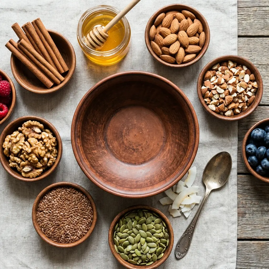 Eine Auswahl an gesunden Porridge Toppings: Nüsse, Samen, Beeren und Zimt in kleinen Schalen